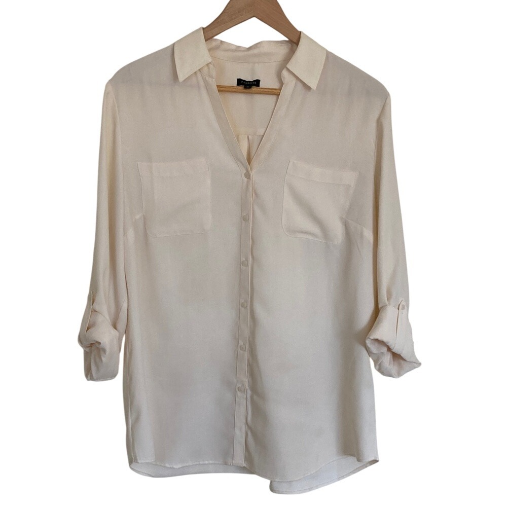 Talbots Womens‎ Light Cream Button-Down Blouse Size Large 3/4 Roll Tab Classic